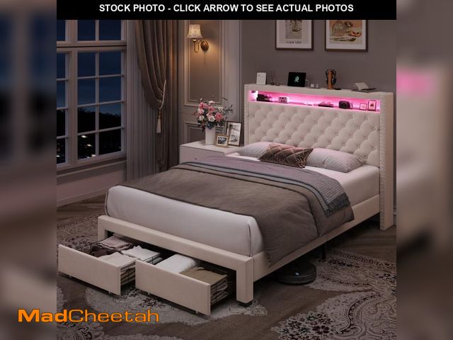 Lot 74-12487023 - Homfa Queen Size LED Bed Frame with Outlets and USB Ports, Modern Storage Platform Bed with Velvet F...