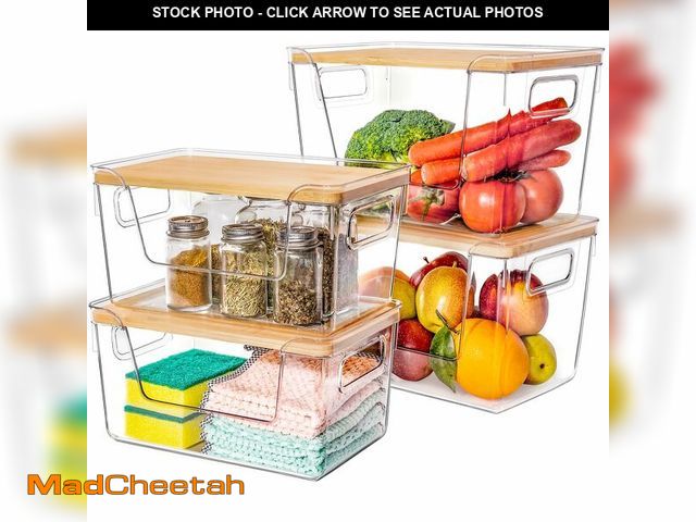 Lot 74-13948792 - Criusia 2 Large and 2 Small Pantry Organizers and Storage with Bamboo Lids, Stackable Clear Bins for...