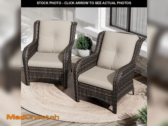 Lot 74-14112212 - Gardenbee Ergonomic Arm 2-Piece Patio Wicker Outdoor Lounge Chair with Thick Beige Cushions - UNUSED