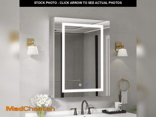 Lot 74-12773113 - Simple Project 24 in. W x 30 in. H Rectangular Aluminum Light Medicine Cabinet with Mirror, Defoggin...