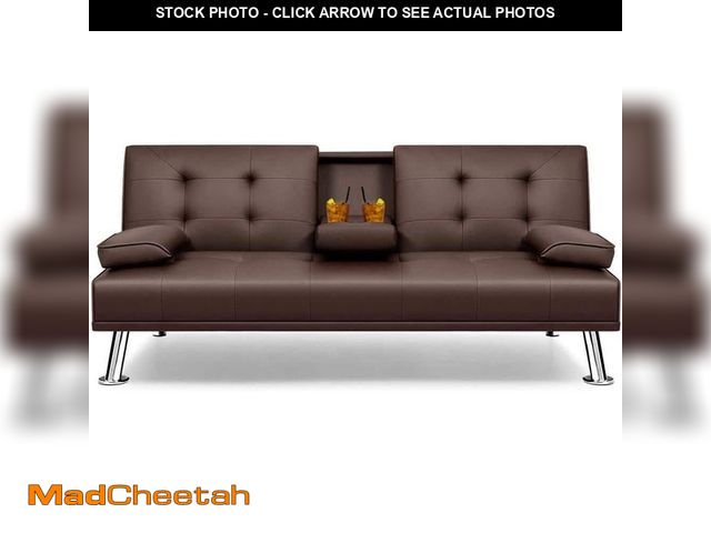 Lot 74-12548147 - LACOO Brown Faux Leather Upholstered Convertible Folding Futon Sofa Bed 2 Cupholders - UNUSED