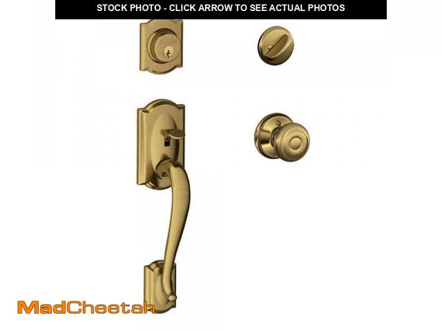 Lot 74-12517514 - Schlage Camelot Antique Brass Single Cylinder Door Handleset with Georgian Knob - UNUSED