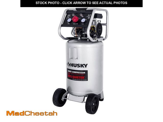 Lot 74-12638636 - Husky 20 Gal.165 PSI Vertical Electric Oil-Free Quiet Auto/Workshop Air Compressor with Dual Gauges ...