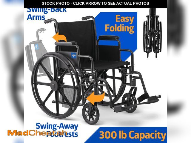 Lot 74-12568725 - Medline Wheelchair with Swing-Back Desk Arms, Swing-Away Footrests, 18-In Seat, Foldable, 300 lb Wei...