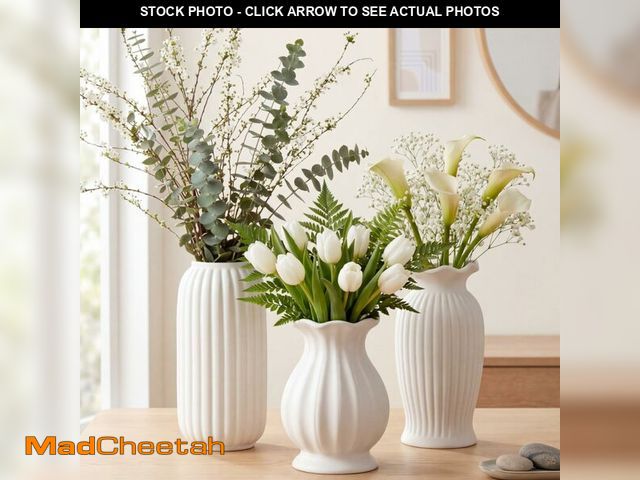 Lot 74-14051125 - Ninehaoou 3 Pcs White Ceramic Vase Modern Fluted Ribbed Textured Boho Decorative Vase for Flowers Li...