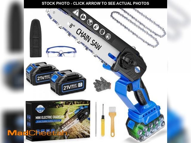 Lot 74-11548758 - DEPNCYC Mini Chainsaw 8-inch, Portable Electric Chainsaw Cordless, Handheld Power Chain Saw with 2 B...