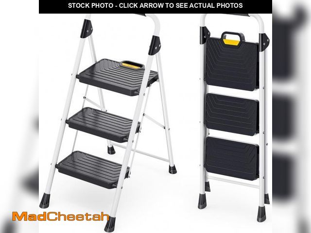 Lot 74-12510294 - KINGRACK Sturdy Steel 3 Step Ladder, Folding Step Stool with Handrail, Anti-Slip Wide Pedals, Safe-L...