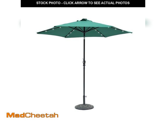 Lot 74-14243107 - Sun-Ray 9 ft. Round 6-Rib Steel Solar Lighted Market Patio Umbrella in Hunter Green - UNUSED