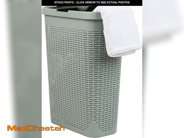 Lot 74-12137126 - Mind Reader 40L Slim Laundry Hamper, Clothes Basket, Lid, Wicker Design, Plastic, 18"L x 10.4"W x 23...