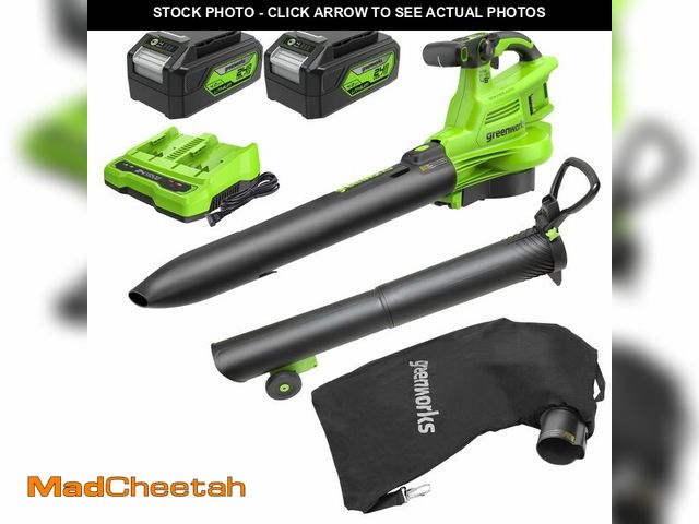 Lot 74-12550435 - Greenworks 48V (24V x 2) 520 CFM Brushless Leaf Blower/Vacuum w/ (2) 4.0Ah Battery &amp; Dual Port C...