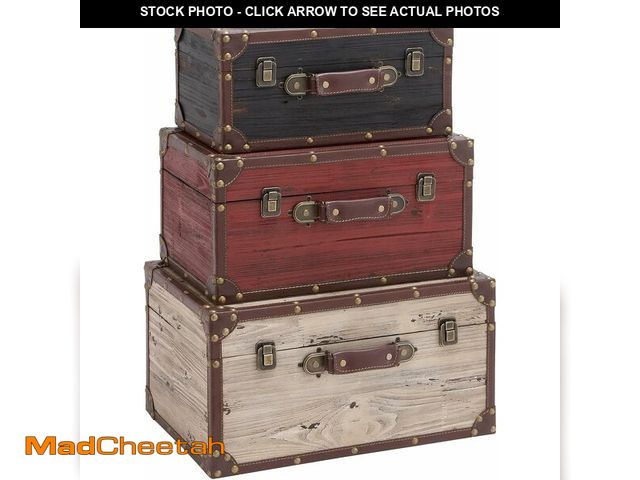 Lot 74-13418797 - Deco 79 Wooden Decorative Trunk Nesting Vintage Decorative Large Boxes with Gold Studs and Brown Lea...