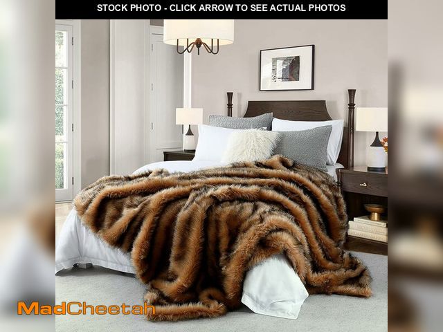 Lot 74-13698202 - Luxury Plush Faux Fur Blanket Queen Size, Long Pile Brown with Black Tips, Oversized Super Warm, Fuz...