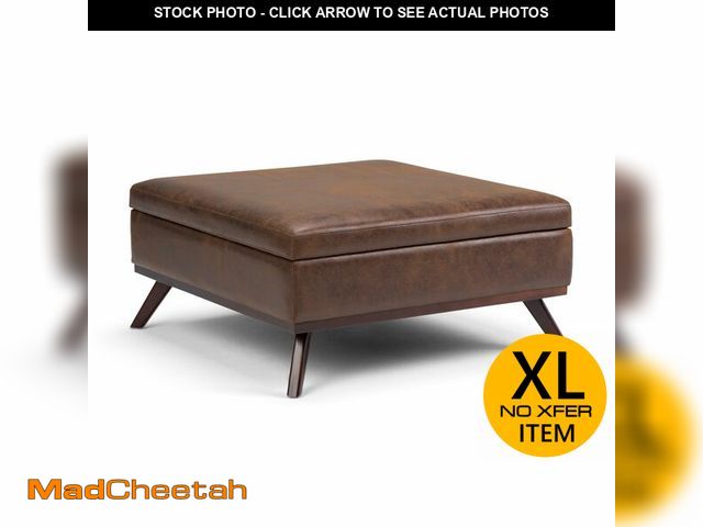 Lot 74-12762733 - SIMPLIHOME Owen 36 inch Wide Mid Century Modern Square Coffee Table Storage Ottoman in Distressed Ch...