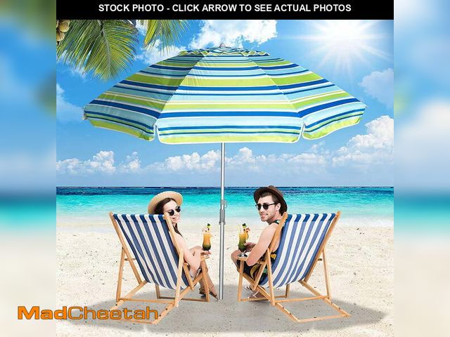 Lot 74-14585475 - 7 ft Beach Umbrella for Sand with Tilt/Sand Anchor/Carry Bag/, Stripe Blue and Green,UV 50+ UPF 100+...