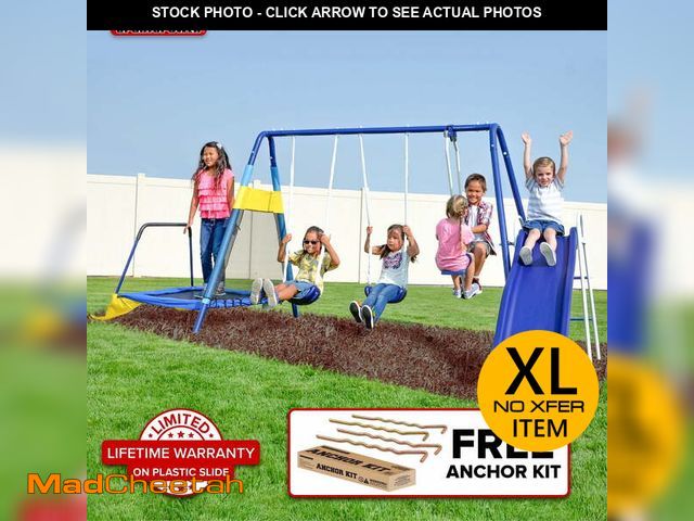 Lot 74-13803735 - Sportspower Almansor Metal Swing Set with Glide Ride, Trampoline, and Lifetime Warranty on Blow Mold...