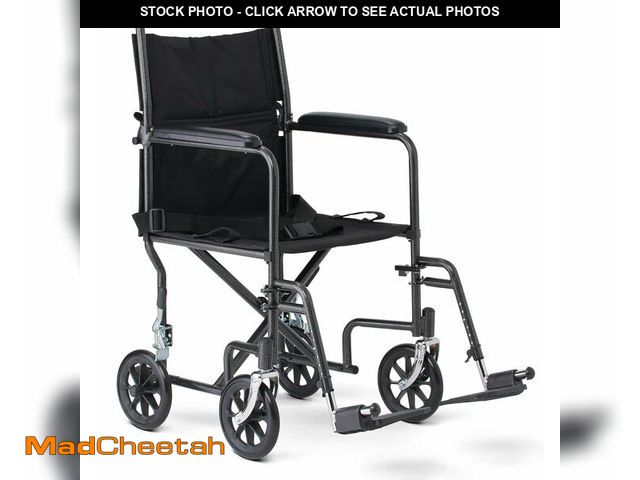 Lot 74-13041525 - Medline Durable Folding Steel Transport Wheelchair with Swing-Away Footrests, 19-Inch Seat Width, Bl...