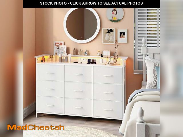 Lot 74-12888203 - White Dresser with LED Light for Bedroom 9 Drawer Dressers with Charging Station Chests of Drawers f...