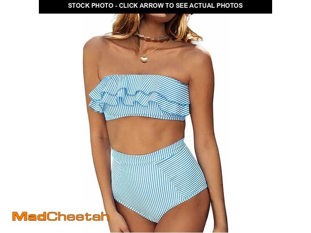 Lot 74-12458821 - Saodimallsu Women High Waisted 2 Piece Bikini Set Bandeau Ruffle Swimsuit Top Striped Bathing Suits ...