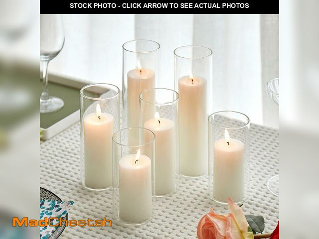 Lot 74-14052668 - Set of 6 White Pillar Candles with Clear Glass Hurricane Holders- Elegant Cylinder Candle Vases for ...