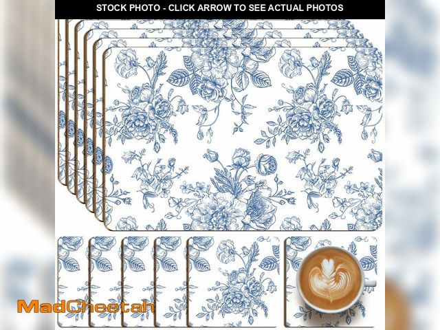 Lot 74-14483042 - Yiyiring 6 Sets Blue and White Floral Cork Placemats with 6 Coasters, 16x12 Inches Heat Resistant Co...