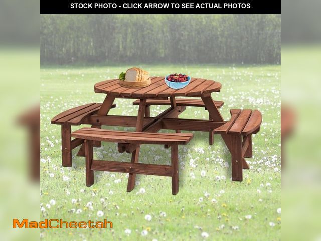 Lot 74-14345257 - KOTSICO 70 in. Brown Round Wood Picnic Table Seats 8 People with Umbrella Hole - USED