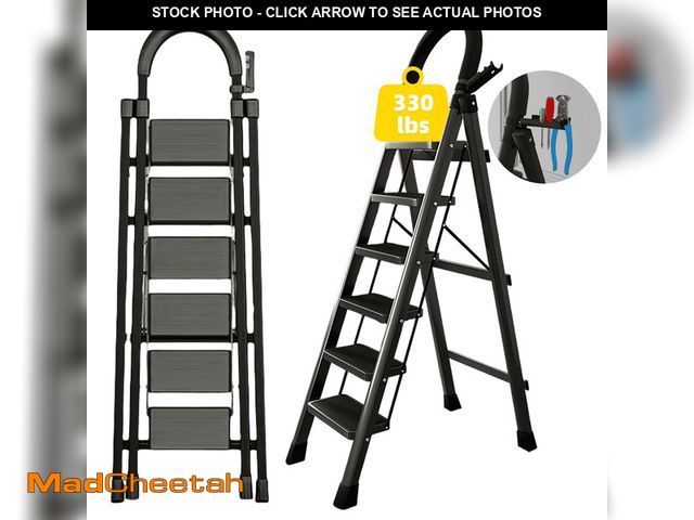 Lot 74-12800461 - (HANDLE IS BENT) stusgo 6 Step Steel Ladder Folding Step Stool with Tool Holder for Easy Use-Black -...