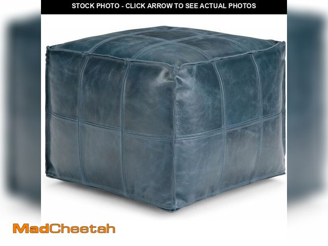 Lot 74-12828170 - SIMPLIHOME Manning Boho Square Pouf in Teal Genuine Leather for the Living Room, Bedroom and Kids Ro...
