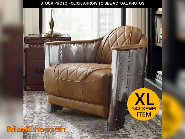 Lot 74-13611924 - Lucky-Angel Top Leather Khaki Mid Century Modern Genuine Leather Accent Arm Chair with Vintage Alumi...