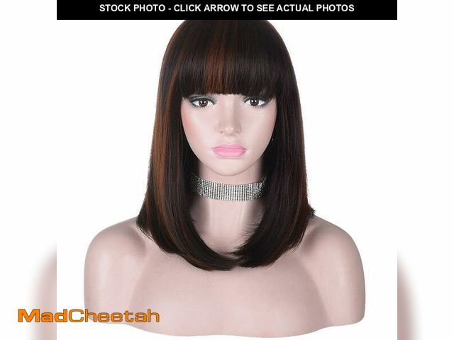 Lot 74-12969236 - AMZCOS 15 Inch Short Straight Brown Highlights Bob Wig with Bangs | Natural Heat Resistant Synthetic...