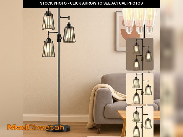 Lot 74-13573280 - PESRAE Dimmable Industrial Floor Lamp, Farmhouse Floor Lamp Standing Lamp with 3 Elegant Teardrop Ca...