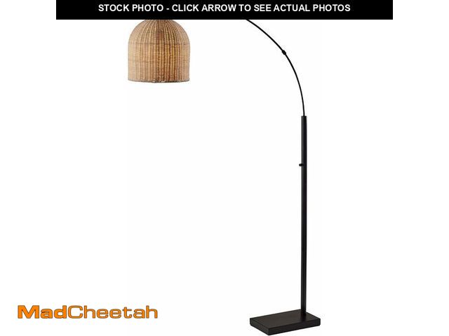 Lot 74-13844327 - Adesso Bronze Arc Floor Lamp with a Rattan Shade - Modern, Coastal Overhead Accent Light for Bedroom...