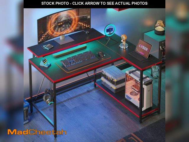 Lot 74-12402311 - Pinmoco 42" Reversible L-Shaped Gaming Desk with Monitor Stand, LED Lights&amp; Headset Hooks, Home ...