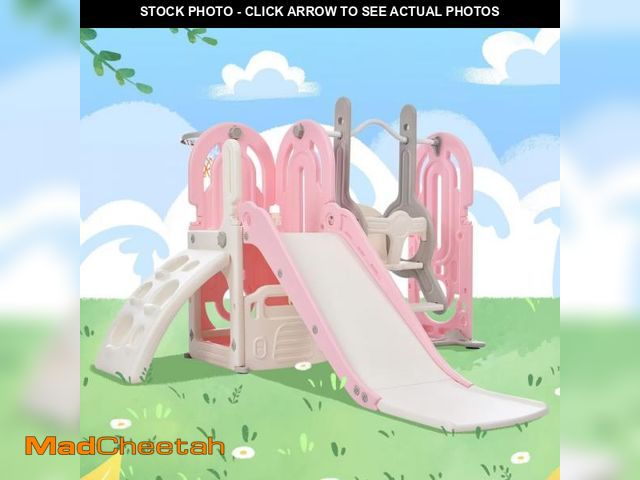 Lot 74-12157395 - 5 in 1 Toddler Slide and Swing Set  Kids Playground Climber Slide Playset with Basketball Hoop and T...