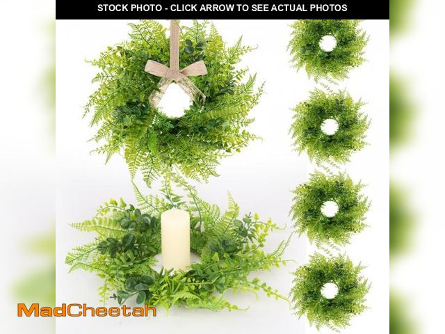 Lot 74-12302749 - 6 Pcs Green Fern Candle Rings Wreaths Artificial All Seasons Fern Wreath Mini Greenery Candle Ring W...