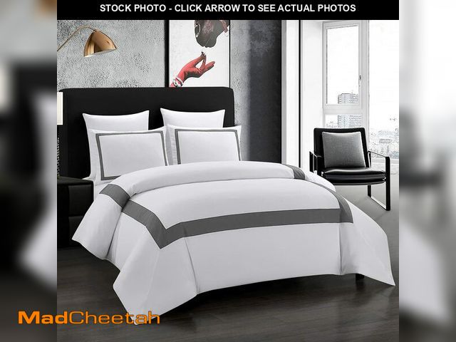 Lot 74-12457430 - OSVINO Hotel Duvet Cover Set Queen Size 3Pcs Microfiber Grey Line Pattern Bedding Collection Ultra S...