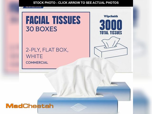 Lot 74-14067141 - Bulk Tissues, 30 Flat Boxes, 100 Sheets/Box, 3000 Facial Tissues Total, 2-Ply, Soft, White, for Offi...
