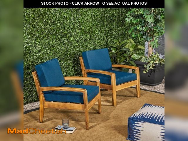 Lot 74-14312905 - Noble House Grenada Teak Brown Wood Outdoor Patio Club Lounge Chairs with Dark Teal Cushions (2-Pack...