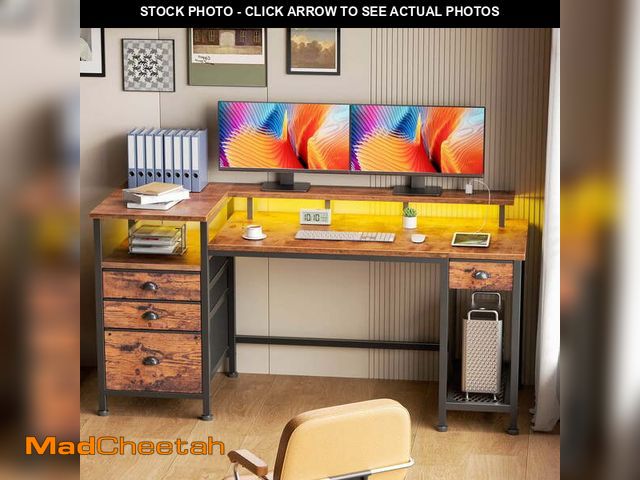 Lot 74-14604495 - Satifur Computer Desk with 4 Drawers, 60 Inch Reversible Desk with Led Lights &amp; Power Outlet, Ho...