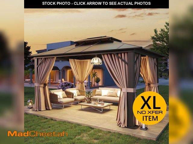 Lot 74-14344361 - Sizzim 12 ft. x 10 ft. Hardtop Outdoor Double Roof Gazebo with Netting and Curtains - UNUSED