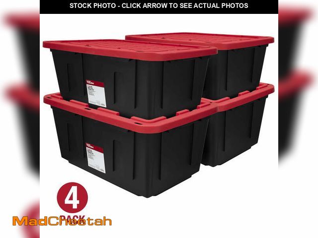 Lot 74-12787945 - Hyper Tough Large Storage Bin, 27 Gallon Plastic Storage Container with Snap-On Lid, Black and Red, ...