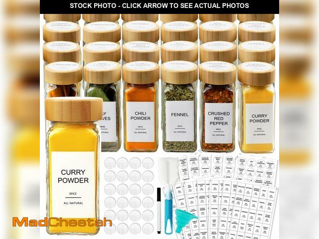 Lot 74-13539917 - AISIPRIN Glass Spice Jars with 398 Labels, 24 pcs 4oz Spice Containers with Bamboo Lids, Square Spic...