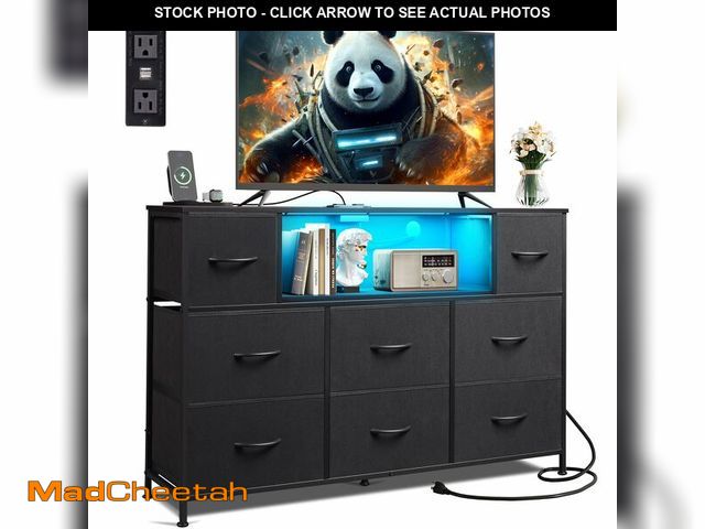 Lot 74-12693061 - WLIVE Black TV Stand for 45, 50, 55 inch TV, Entertainment Center with LED Lights &amp; Charging Sta...