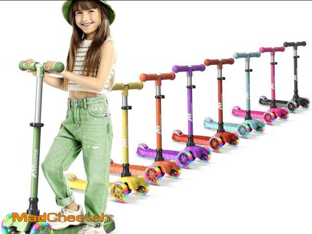 Lot 74-12028860 - Lifemaster Mini 3-Wheel Kids Scooter with Multi-Color Wheel Lights - 4-Height Adjustable Handlebar, ...