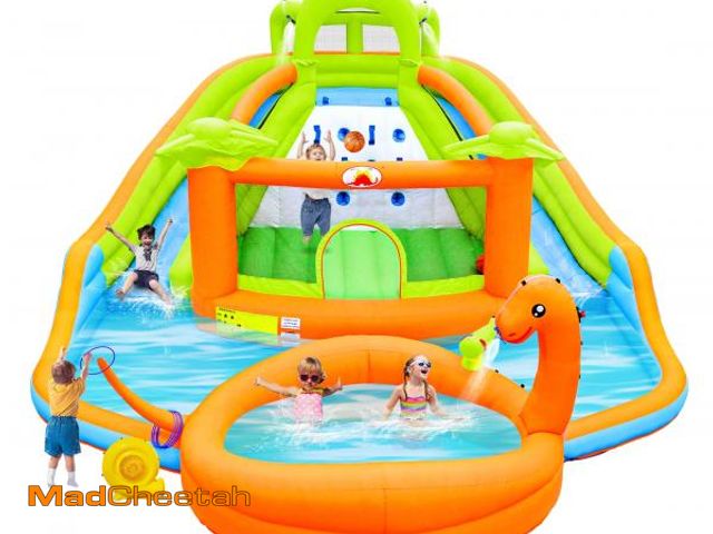 Lot 74-12202742 - WELLFUNTIME Inflatable Water Double Slides Park with Blower, Bouncy Castle with Water Cannon, Dino P...
