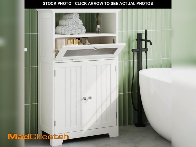 Lot 74-12153647 - ChooChoo Bathroom Floor Storage Cabinet with Flip Glass Drawer, Freestanding with 2 Doors, Adjustabl...