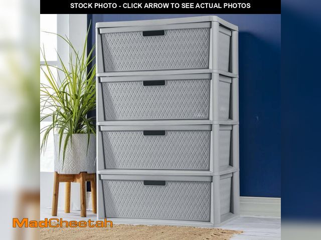 Lot 74-12859743 - Sterilite Wide 4 Drawer Cross-Weave Tower, Stylish Pattern, Removable Plastic Bins, Easy to Assemble...