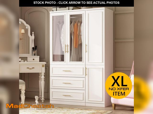 Lot 74-12682024 - FUFU&amp;GAGA 2-Combination White Wood 47.6 in. W 4-Door Big Armoires with 2-Hanging Rods, 3-Drawers...