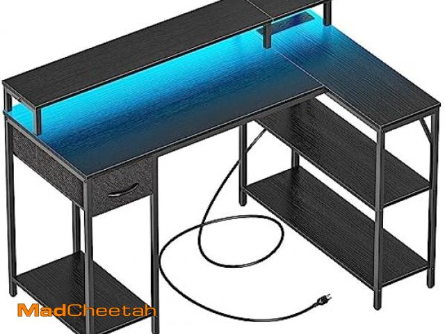 Lot 74-12398686 - SUPERJARE Reversible L Shaped Gaming Desk with Drawer, LED Lights &amp; Power Outlets, Corner Comput...