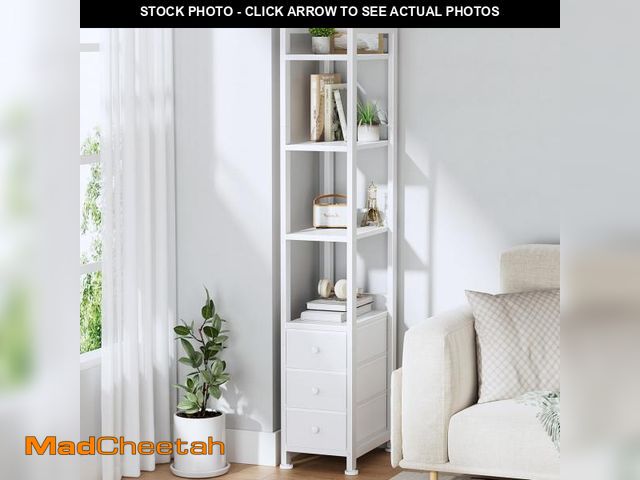 Lot 74-12050273 - KLUVIS Skinny Bookshelf for Narrow Spaces - Small Book Shelf with Drawers 4 Tier Thin Shelves Slim B...