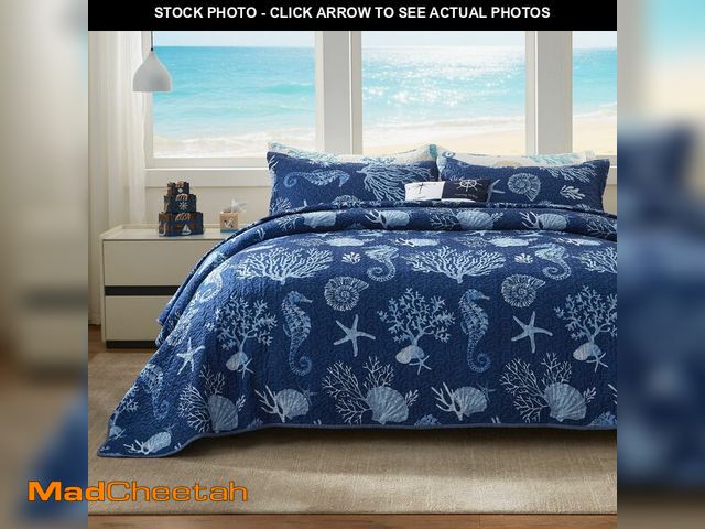 Lot 74-14269389 - LEAONME Coastal Quilt Set California King Size - Lightweight Microfiber Reversible Bedspread, 106''x...